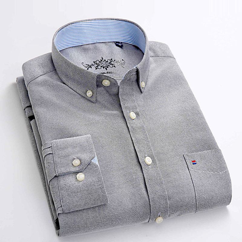 Herfst Herenoverhemden Jonge Heren Business Casual Effen Kleur Oxford Spinning Lange Nietje Katoenen Shirts Met Mouwen