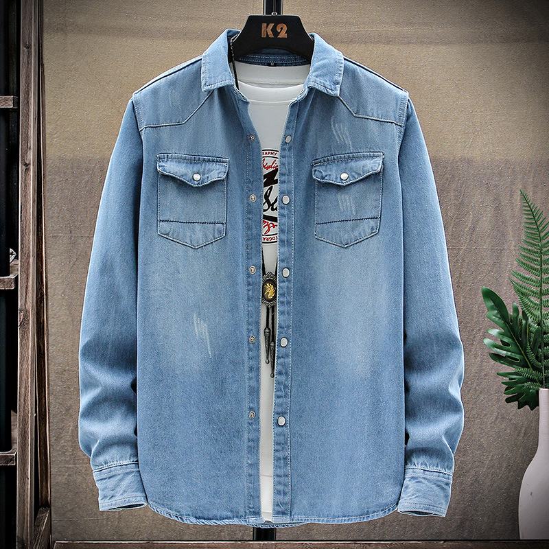 Herfst Nieuw Denim Shirt Met Lange Mouwen Casual Effen Kleur Dieptepunt