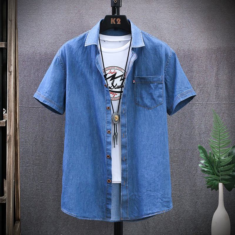 Shirt Heren 2022 Zomer Katoenen T-shirt Met Korte Mouwen Denim Overhemd Casual Jeugd