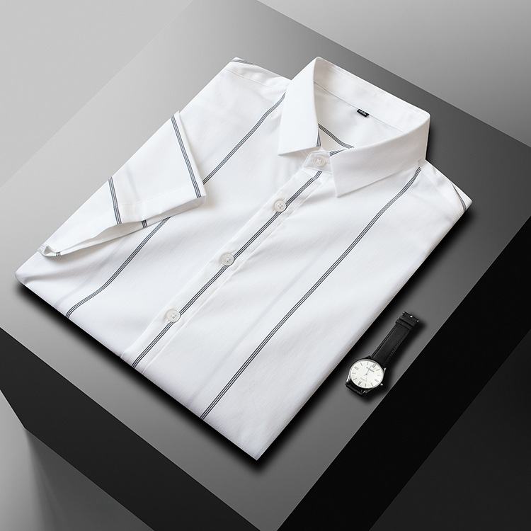 Zomer High-end Stretch Shirt Heren Revers Gestreept Korte Mouwen Business Casual Anti-rimpel Strijkvrij Inch Mannen