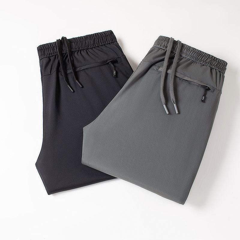 Zomer Lichte Luxe Ijs Zijde Broek Heren Elastische Rechte Lange Licht Ademend Middelbare Leeftijd Jonge Casual Mannen