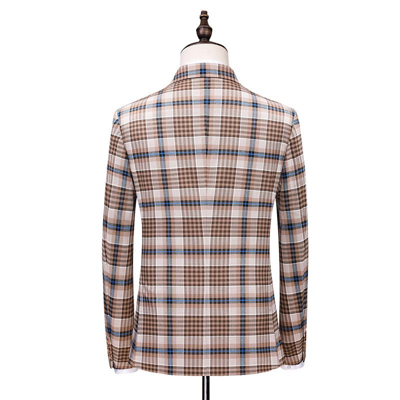 Herenpak Double Breasted Plaid Casual Suit Tweedelig Slanke Bruidegom Trouwjurk Pak