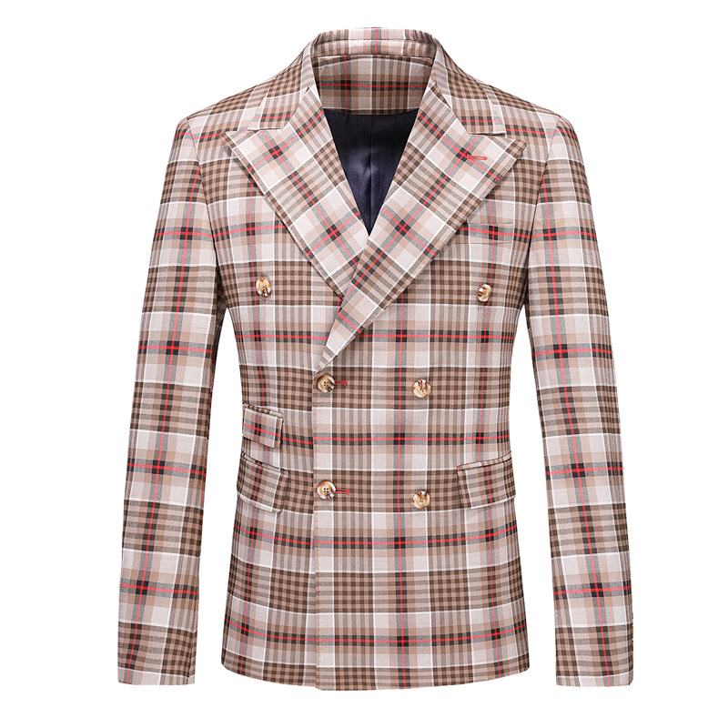 Herenpak Double Breasted Plaid Casual Suit Tweedelig Slanke Bruidegom Trouwjurk Pak