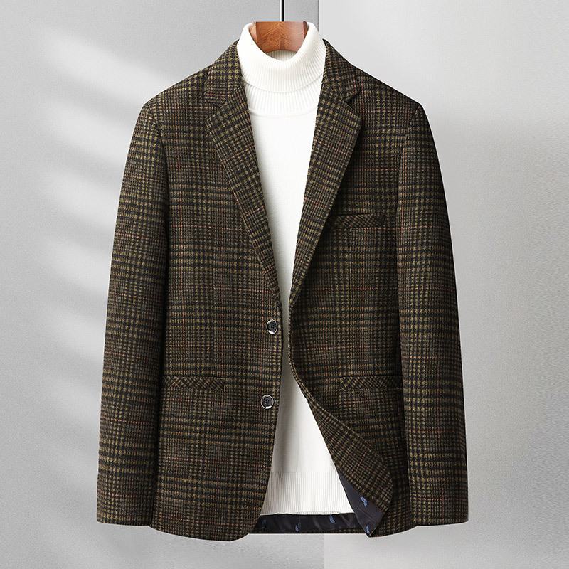 Herfst Winter Heren Casual Klein Colbert Middelbare Leeftijd Business Plaid Pak